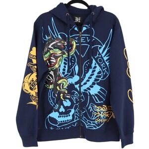 Ed Hardy Panther Bulldog Full Zip Hoodie Men's Size M Navy Blue Graphic Tattoo